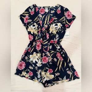 Floral V-Neck Romper - Navy and Pink